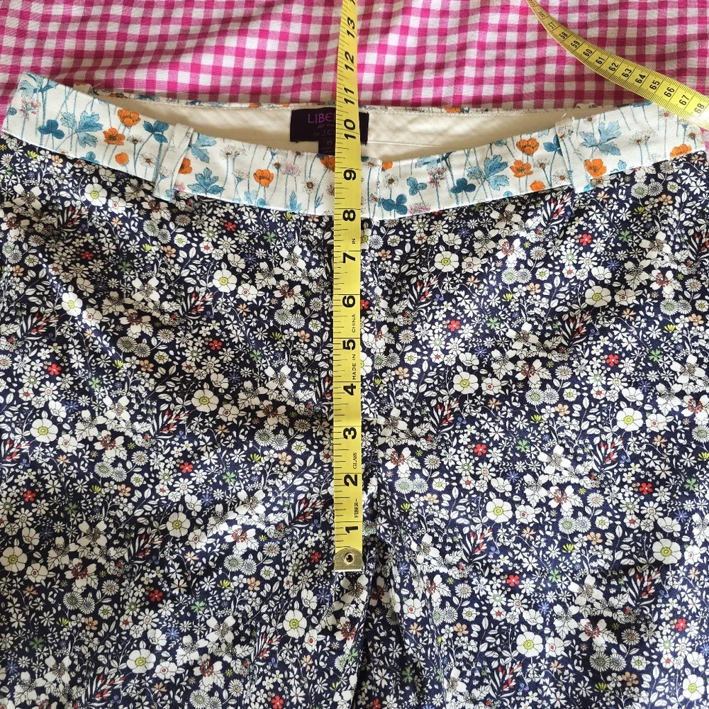 J. Crew Navy Floral Cropped Pants with Light Blue Cuffs